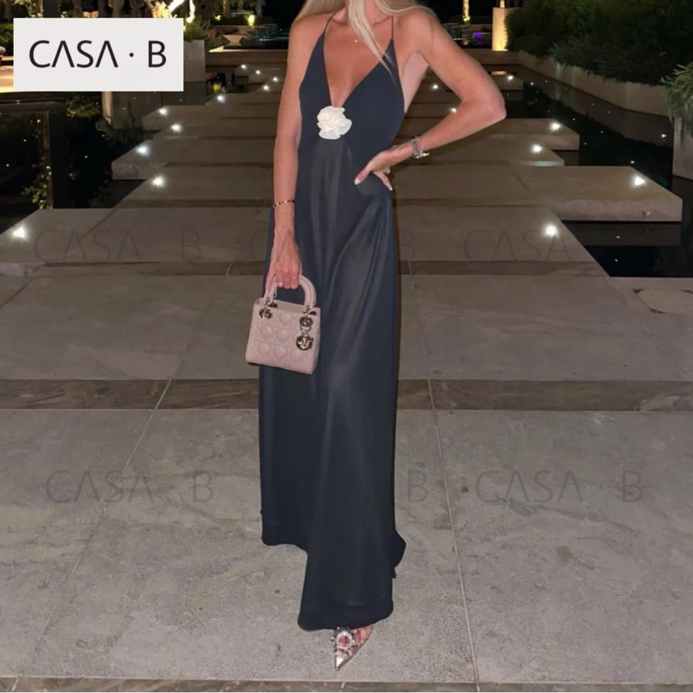 NEW!💫CASA B| Madeline Rosette flower Appliqué Deep V Sheer Long Slip Maxi Dress - Picture 9 of 11